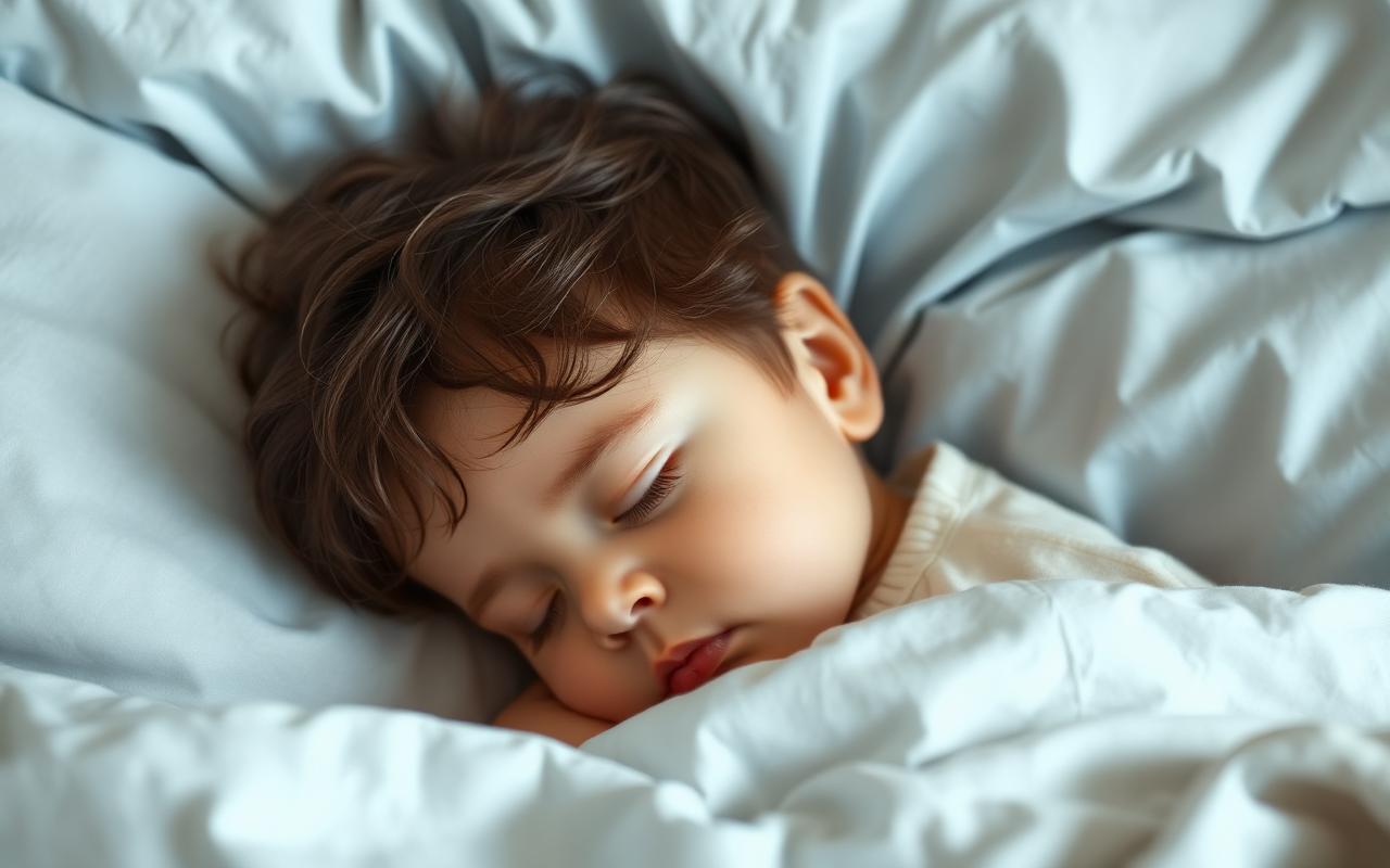 Friedlich schlafendes Kleinkind in einem gemütlichen Bett mit hellblauer Bettwäsche