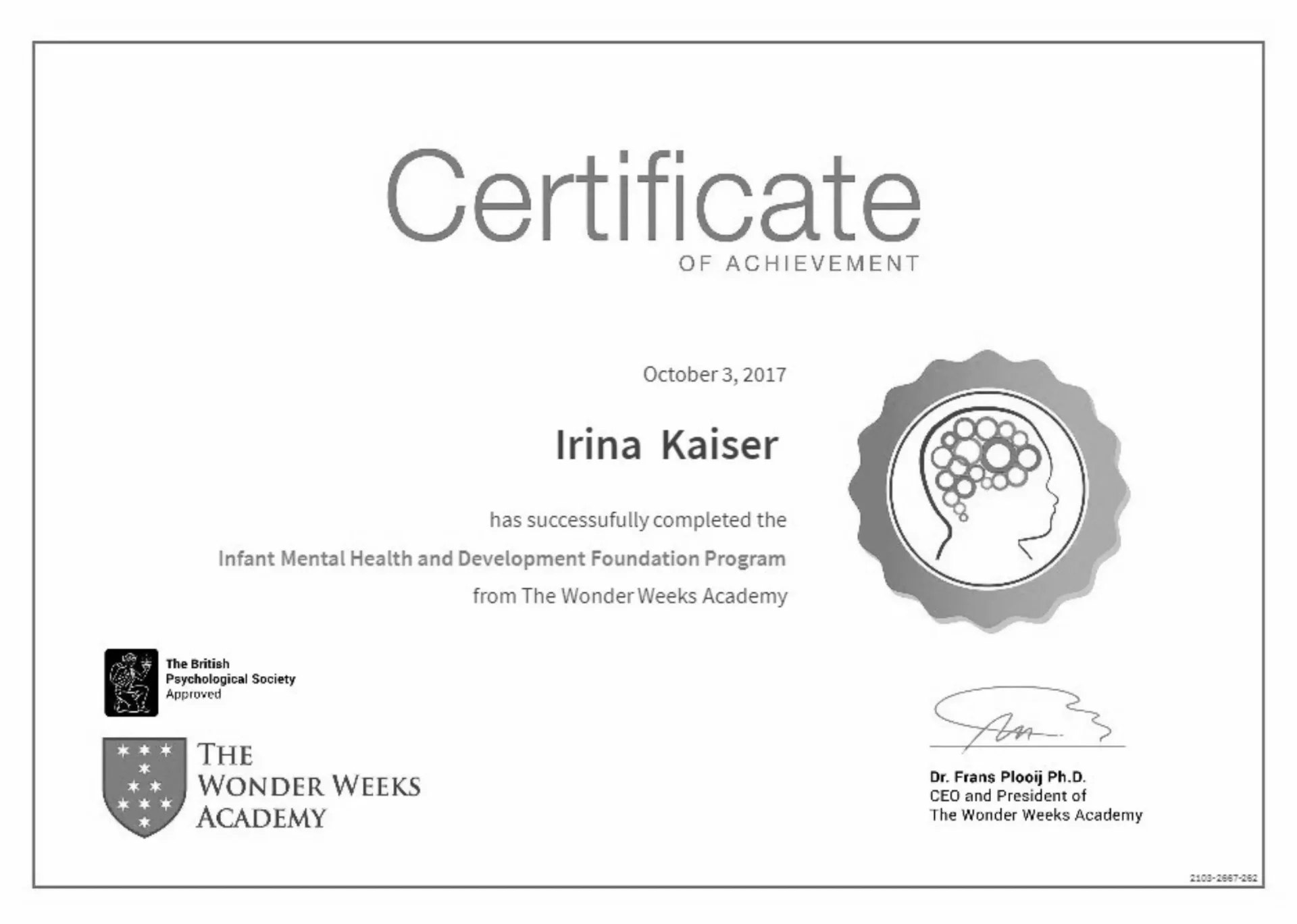 Zertifikat Wonder Weeks Academy / British Psychological Society